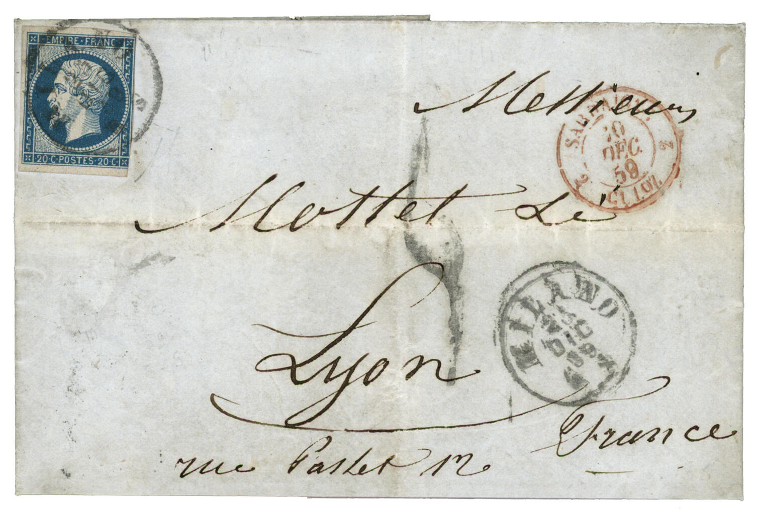 1859 20 (n°14) pd obl. Cachet Italien MILANO + Taxe 5 sur lettre ...