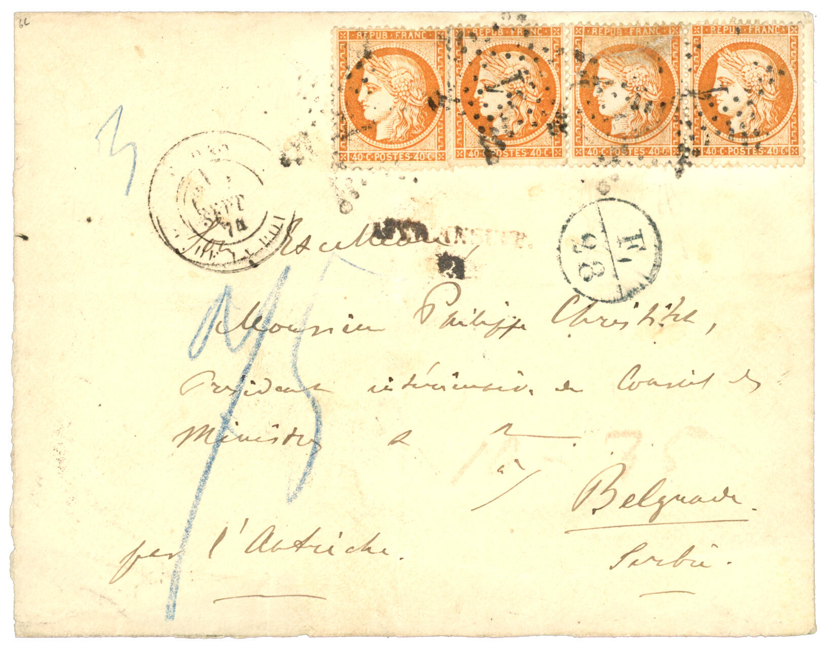 1874 40c Siège (n°38) bande de 4 obl. Etoile 1 +marque d' Echange F ...