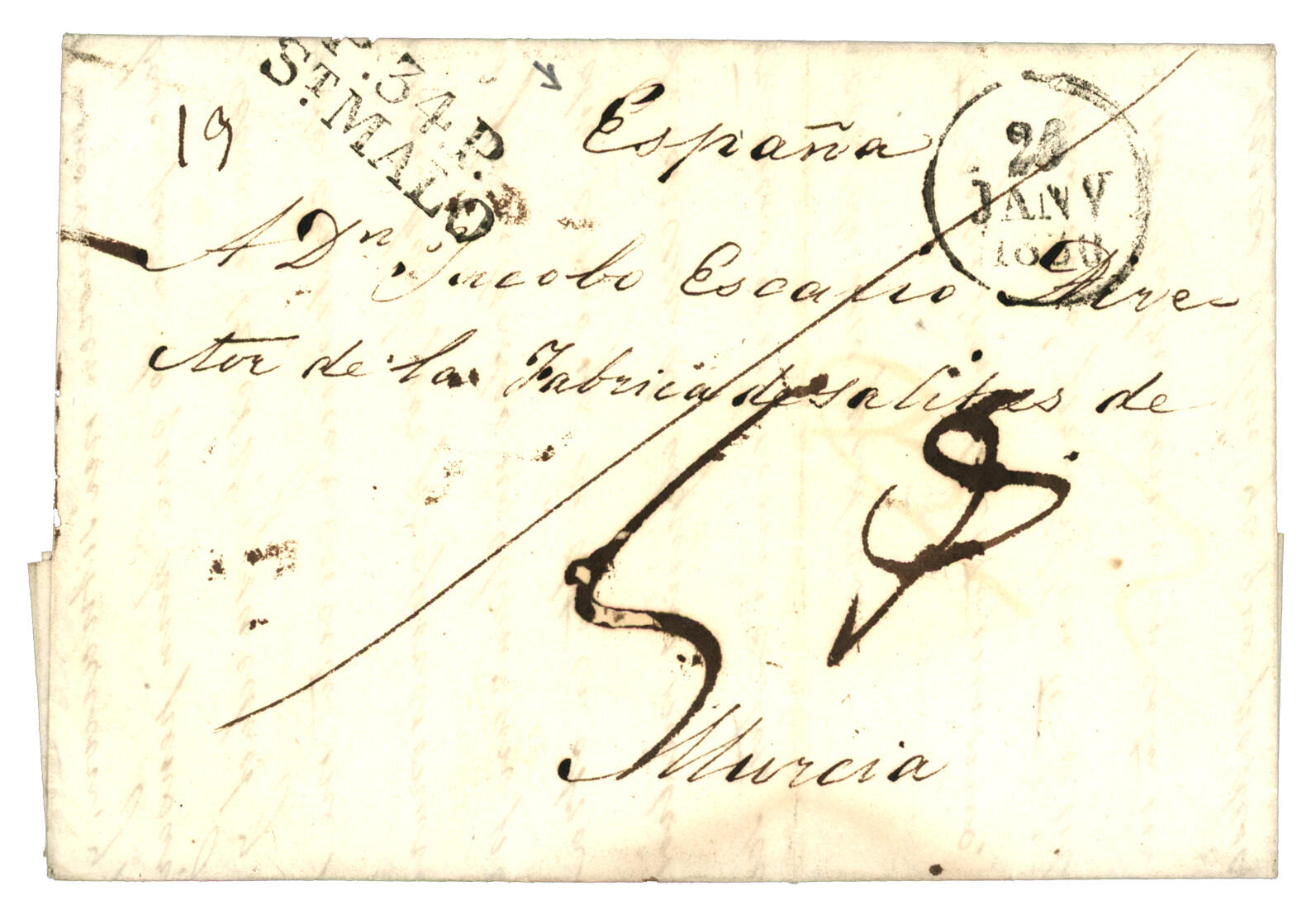 1830 P.34.P ST MALO sur lettre avec texte de JERSEY pour MURCIA ...