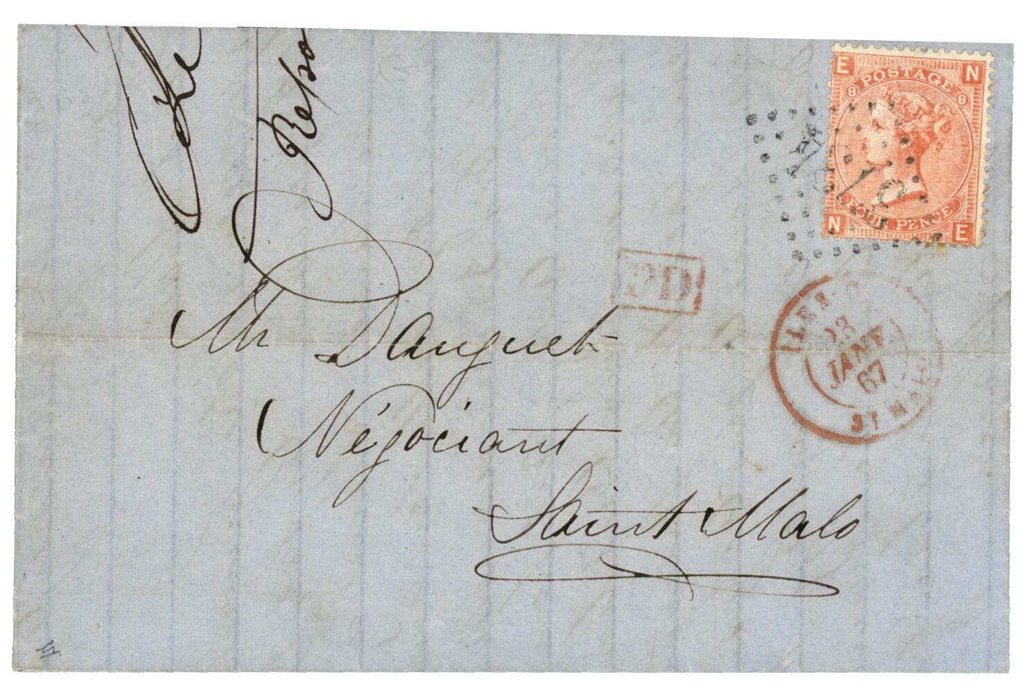 1867 GB 4d obl. GC 3734 + ILES. C ST MALO rouge sur lettre avec texte ...