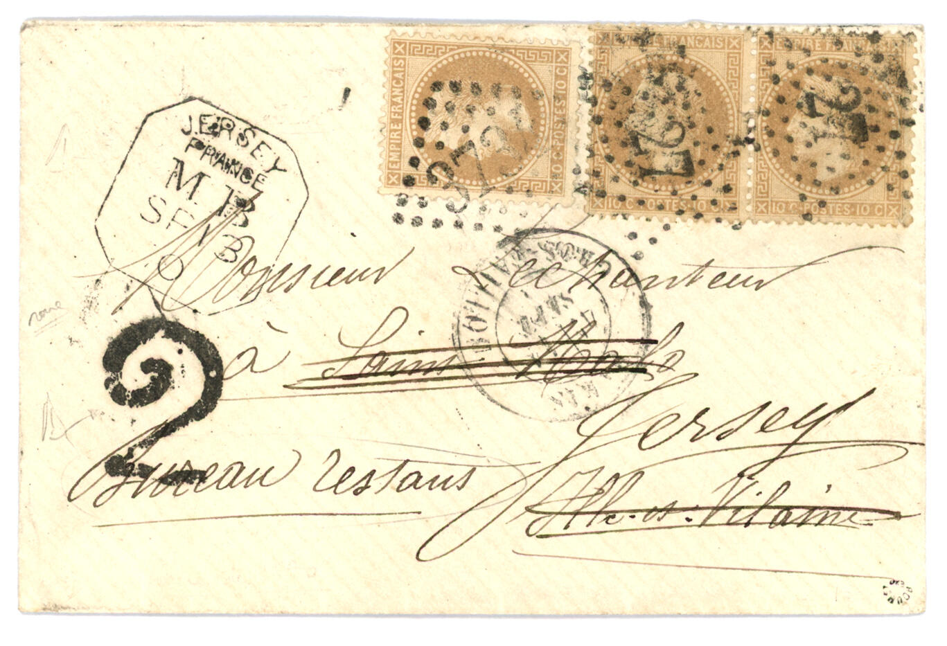 1870 10c (n°28)x2 obl. ETOILE 27 suir enveloppe de PARIS pour ST ...