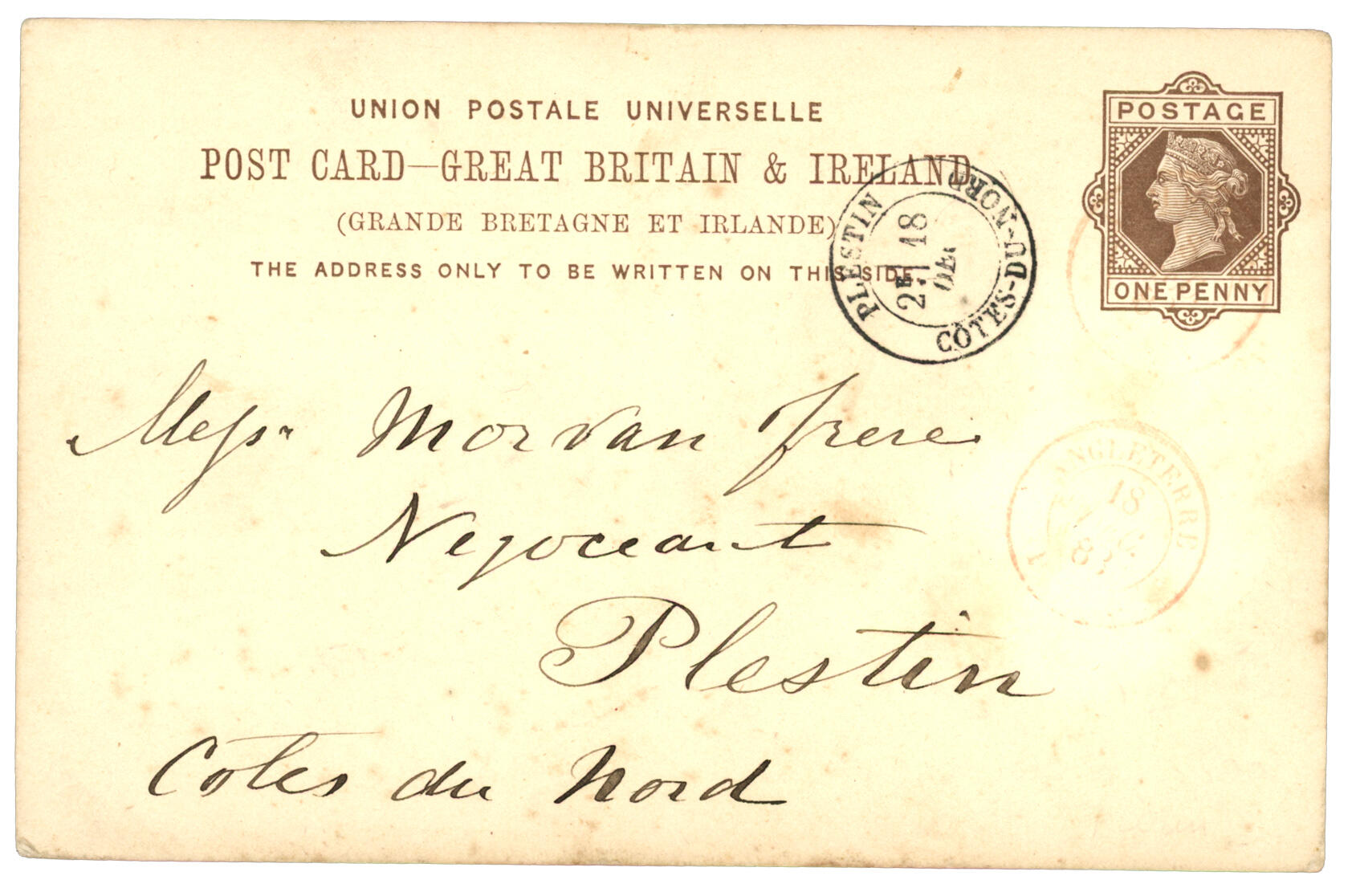 1883 ENTIER ANGLAIS 1p daté JERSEY obl. cachet d' entrée rouge ...
