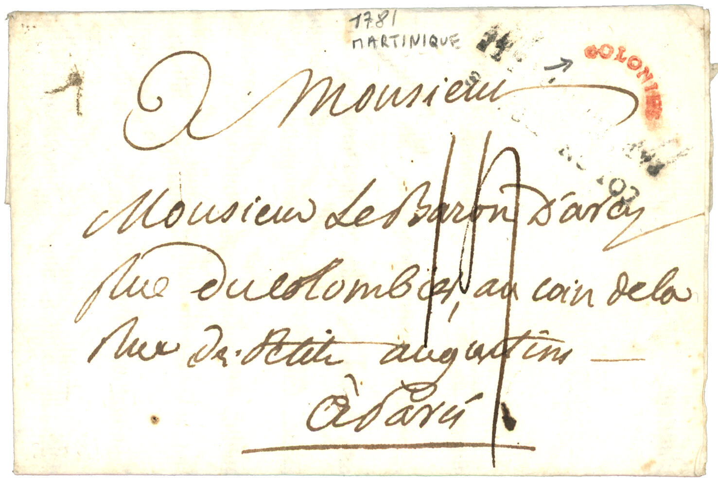 1781 Petit cachet rouge cintré COLONIES sur lettre avec texte de la ...