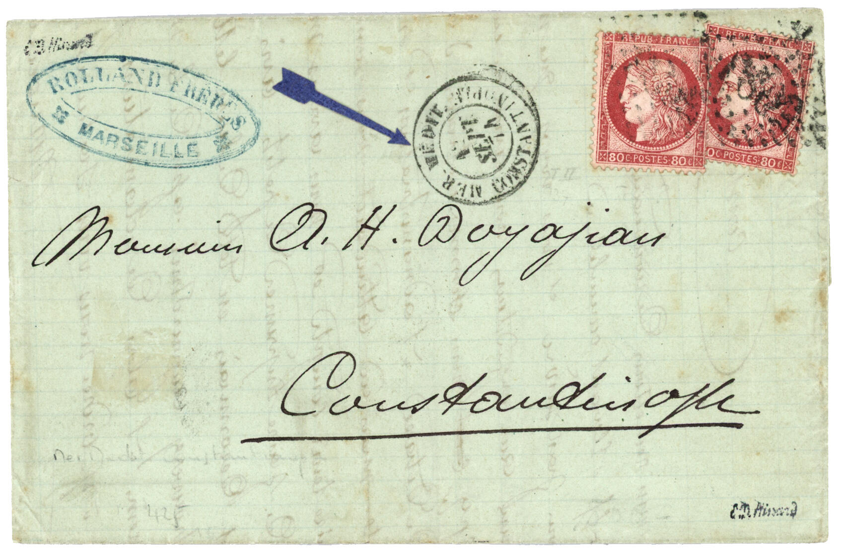 1874 80c CERES (x2) GC 5083 + MER MEDIT. CONSTANTINOPLE, de MARSEILLE ...