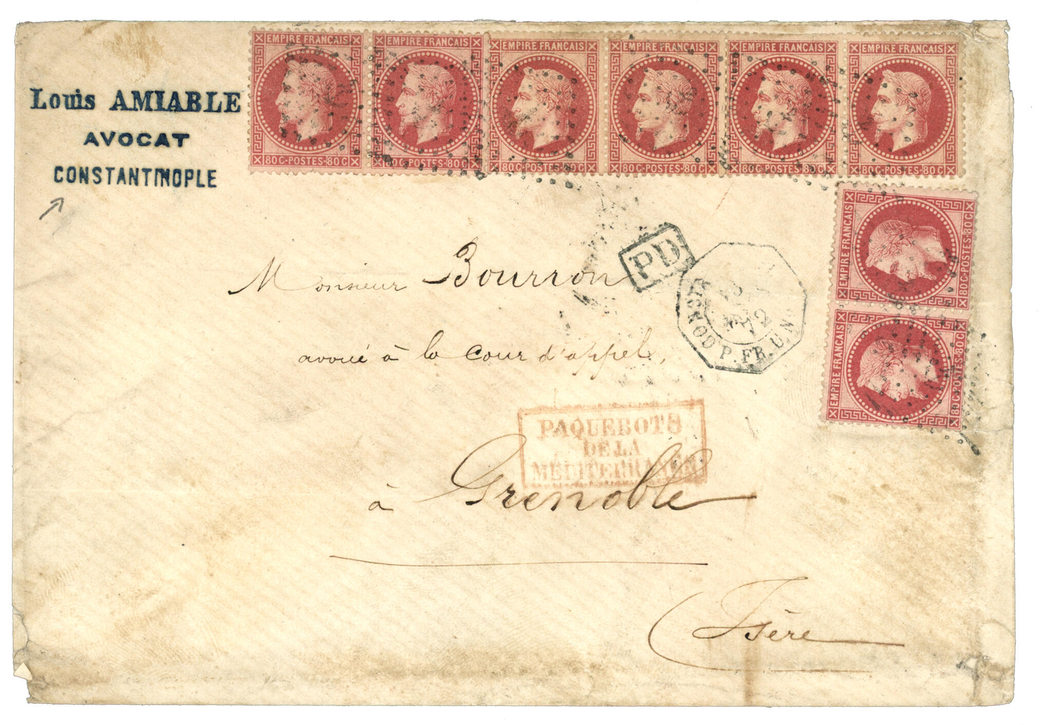 CONSTANTINOPLE : 1872 80c (n°32) Bande de 6 + Paire obl. ANCRE sur ...