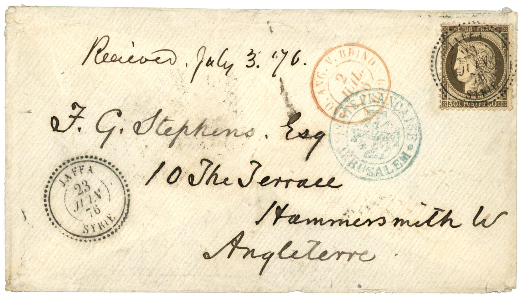 JERUSALEM : 1876 30c CERES obl. JAFFA SYRIE + CROIX POTENCEE bleue ...