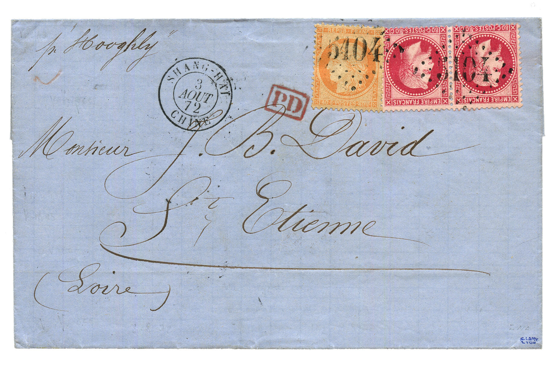SHANGHAI CHINE : 1872 Paire 80c NAPOLEON (n°32) + 40c CERES (n°38) ...
