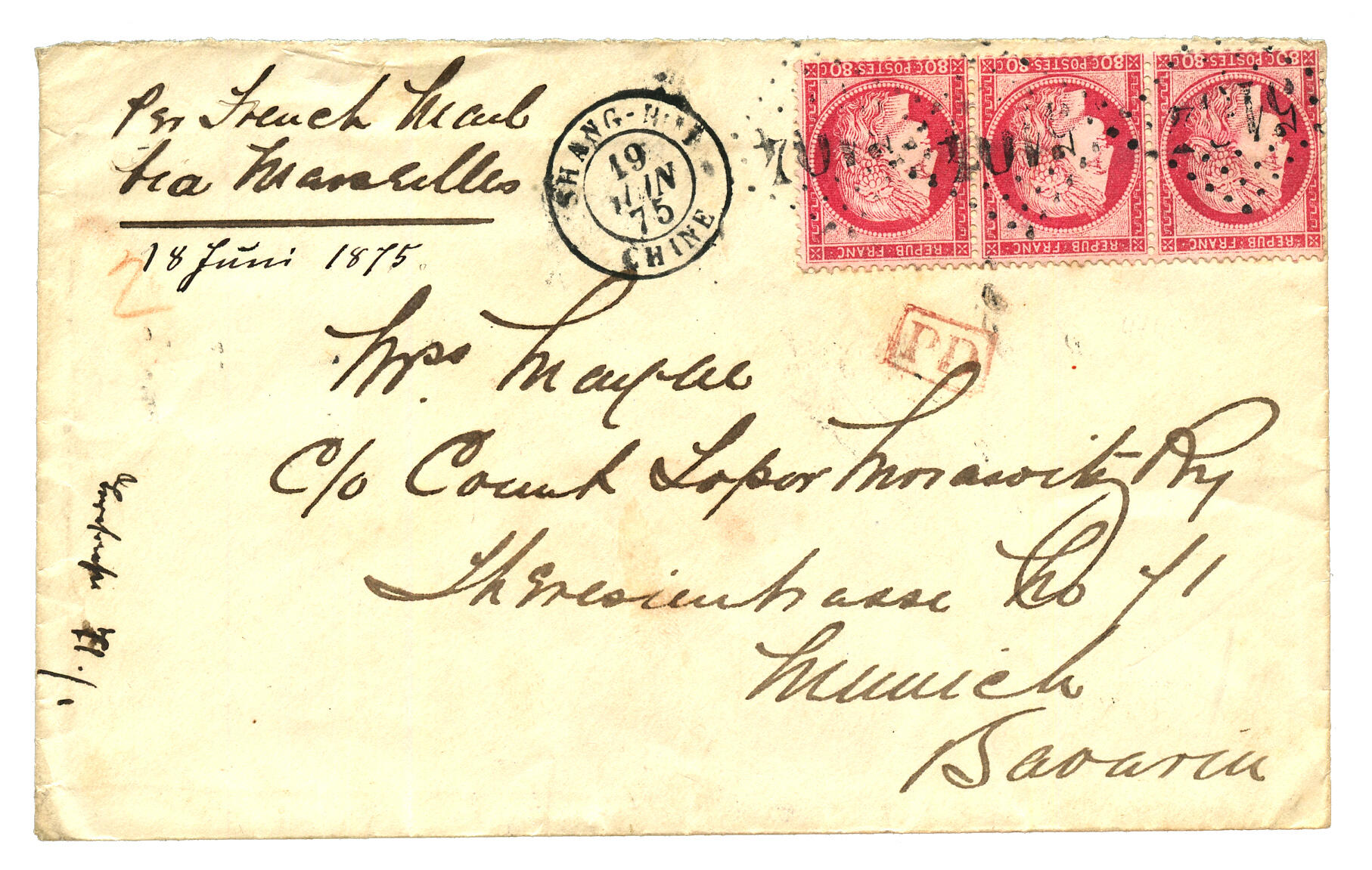 SHANGHAI : 1875 80c CERES bande de 3 obl. GC 5104 + SHANG-HAI CHINE ...