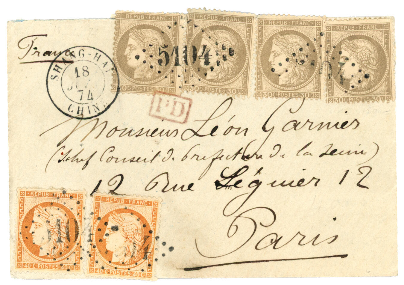 SHANGHAI : 1874 40c SIEGE (n°38)x2 + 30c CERES (n°56)x4 obl. GC ...