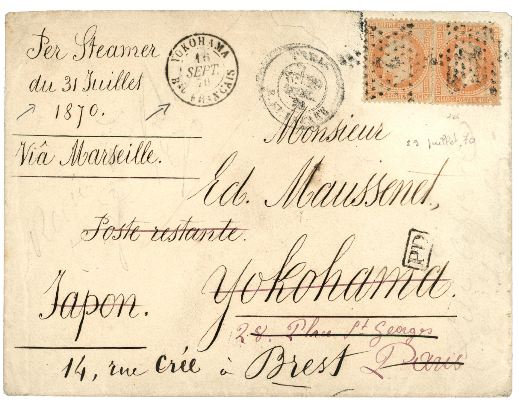 YOKOHAMA - Courrier détourné (GUERRE 1870 Siège de PARIS) : 40c ...