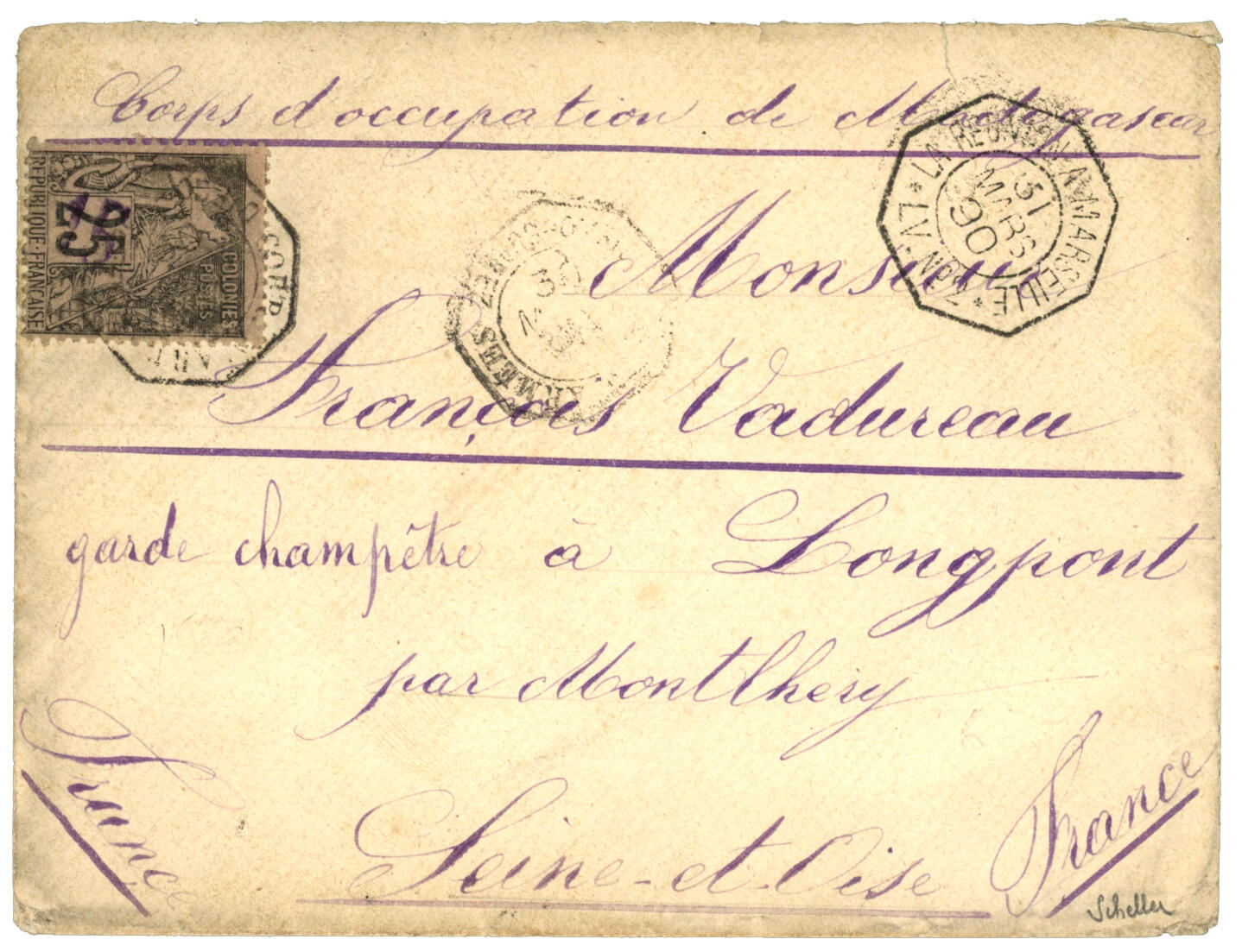 DIEGO-SUAREZ : 1890 Provisoire 15 s/ 25c (n°5) obl. CORR. D' ARMEES ...