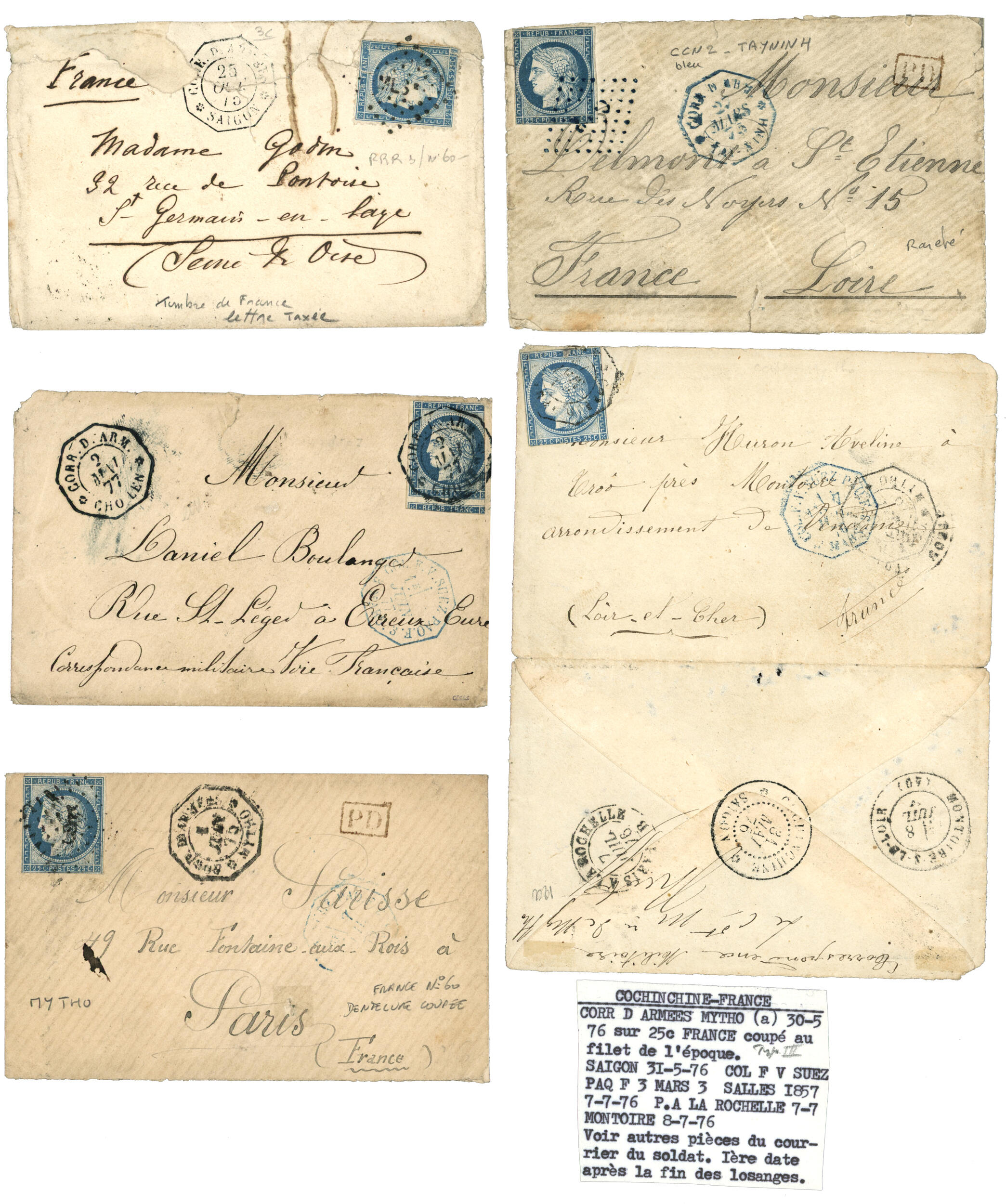 INDOCHINE : 1863/91 Lot de 5 lettres militaires RARES (avec défauts) ...