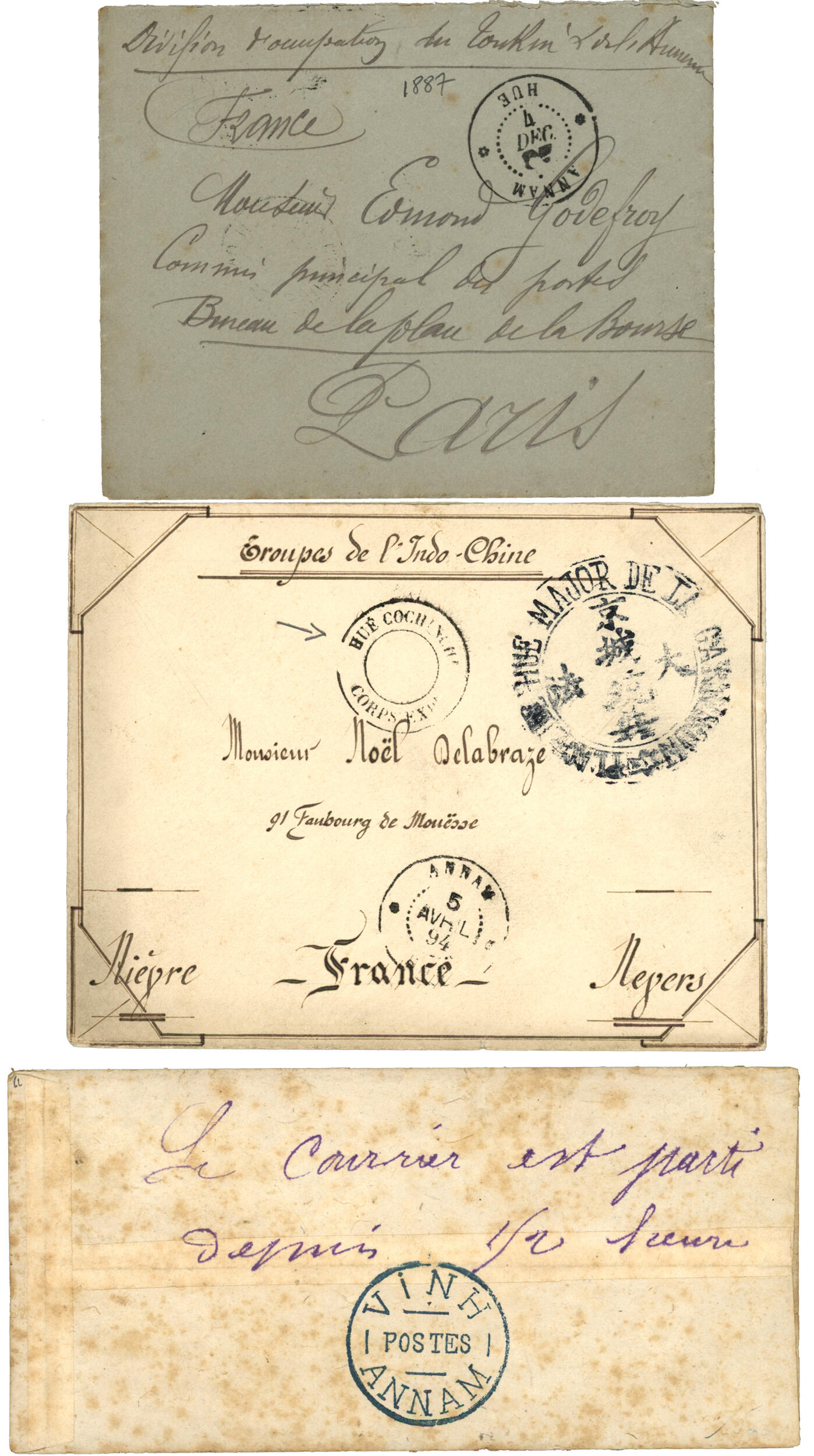 ANNAM : 1887/94 Lot de 3 lettres militaires d' ANNAM pour la FRANCE. ...