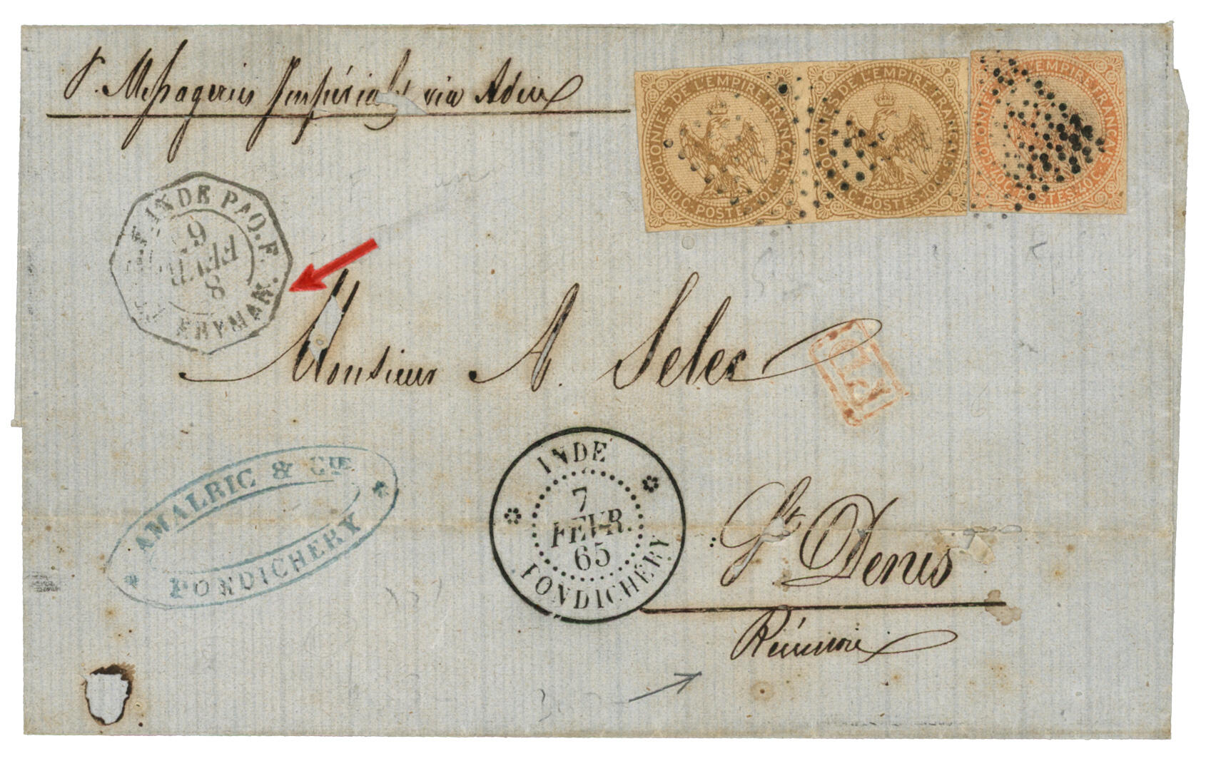 INDE - Paquebot "ERYMAN" : 1865 AIGLE 10c (x2) + 40c + Trés rare ...