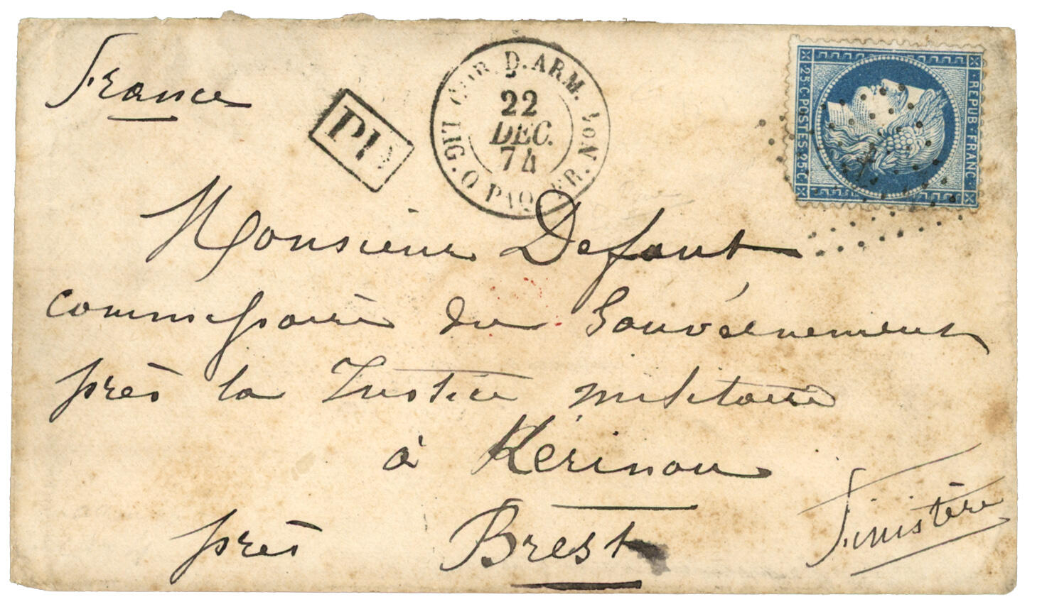 LIGNE O - POINTE DE GALLES à CALCUTTA via PONDICHERY : 1874 FRANCE ...