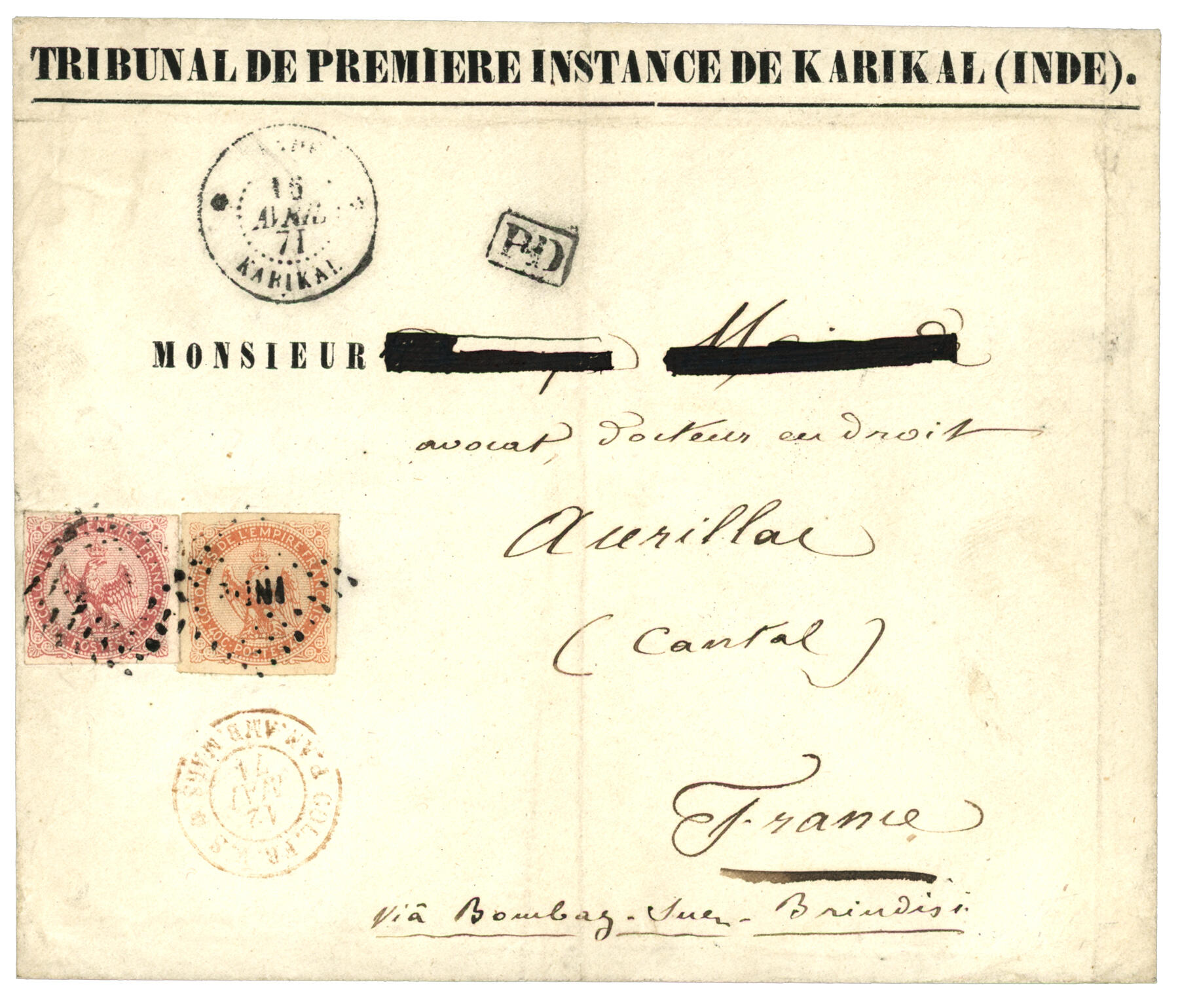 INDE - KARIKAL : 1871 40c + 80c AIGLE obl. losange INDE + INDE ...