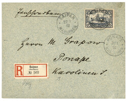 MARIANES : 1902 3 MARK (n°18) canc. SAIPAN MARIANEN on REGISTERED ...