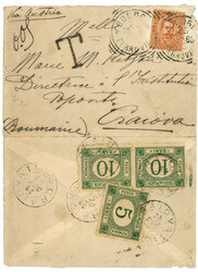 ITALY : 1895 20c canc. BOLOGNA on envelope to CRAIOVA (ROMANIA) taxed ...