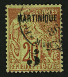 MARTINIQUE : 5 s/ 20c (n°1A) oblitéré. Cote 5250?. Certificats ...