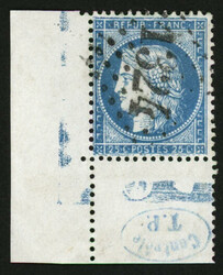25c CERES (n°60A) Coin de Feuille avec cachet bleu CONTROLE T.P. obl ...