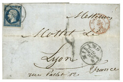 1859 20 (n°14) pd obl. Cachet Italien MILANO + Taxe 5 sur lettre ...