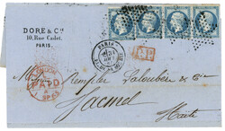 1865 20c (n°22) x4 sur lettre de PARIS pour JACMEL (HAITI). ...
