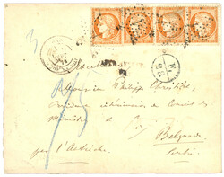 1874 40c Siège (n°38) bande de 4 obl. Etoile 1 +marque d' Echange F ...