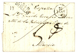 1830 P.34.P ST MALO sur lettre avec texte de JERSEY pour MURCIA ...