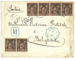 LIGNE J en RECOMMANDE pour LA SERBIE : 1890 25c SAGE (6) obl. LIGNE J ...