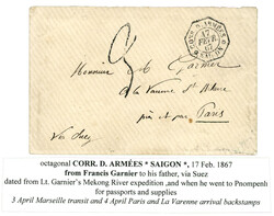1867 CORR. D' ARMEES SAIGON + Taxe 3 tampon (rare) sur enveloppe pour ...