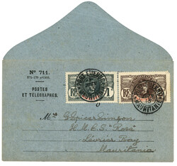 MAURITANIE : 1913 1c + 2c obl. PORT ETIENNE MAURITANIE sur enveloppe ...