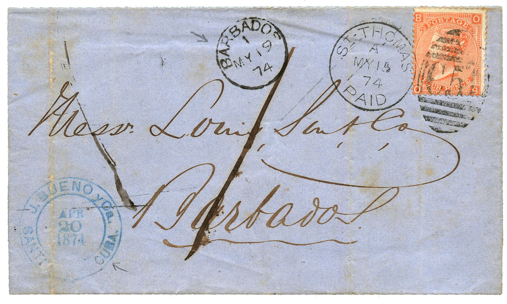 "CUBA via DANISH WEST INDIES to BARBADOS" : 1874 4d canc. C51 + ST ...