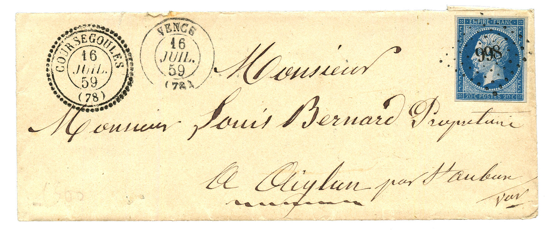 VAR : 1859 20c (no14) obl. PC 998 + T.22 COURSEGOULES + T.15 VENCE ...