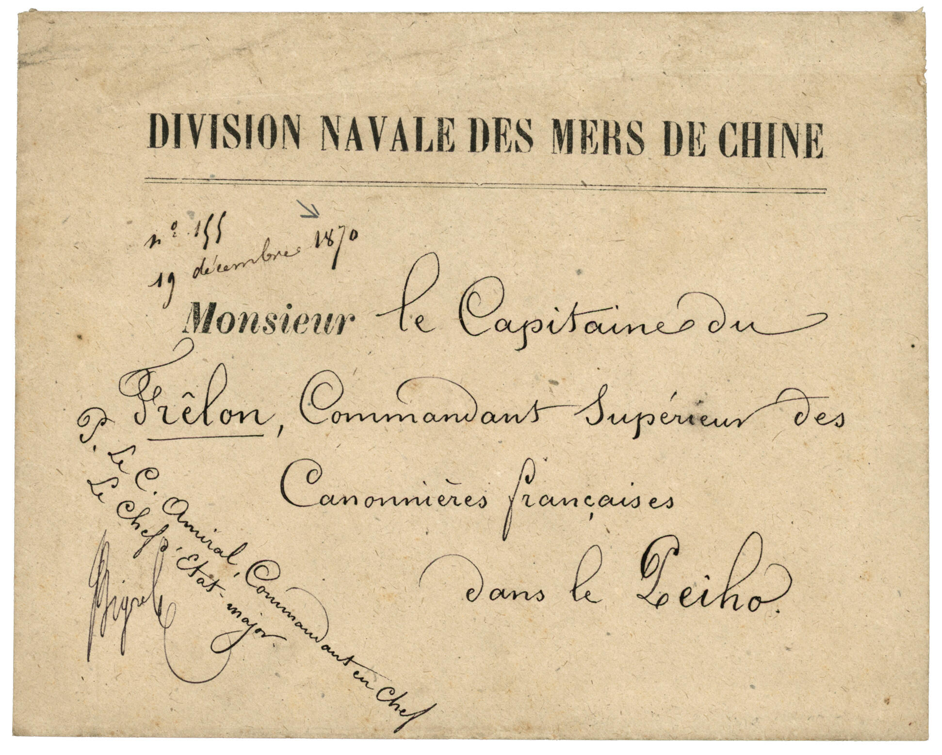 CANONNIERES FRANCAISES dans le PEIHO : 1870 Enveloppe Officielle ...