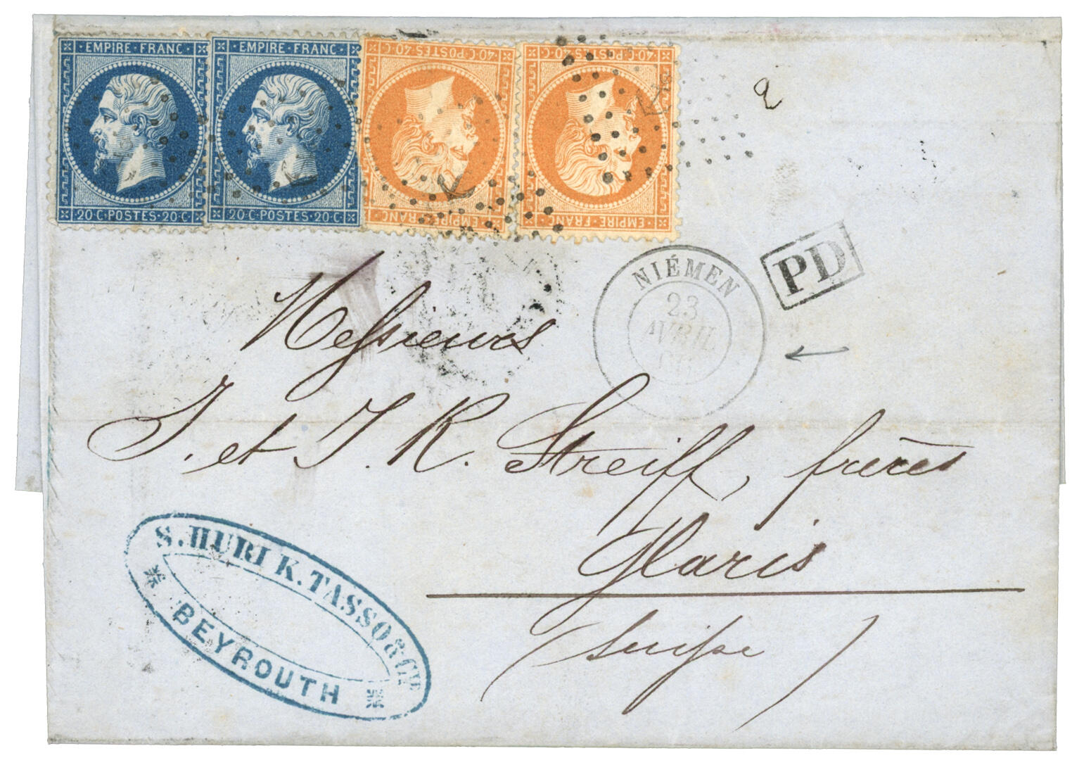 LIGNE de SYRIE - Paquebot NIEMEN : 1866 20c (no22) x2 + 40c (no23) x2 ...