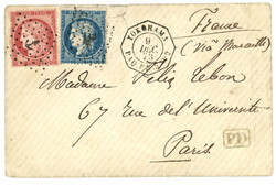 YOKOHAMA - POSTE MARITIME : 1873 25c (no60) + 80c (no57) obl. ANCRE + ...