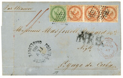 PAID AT GUADELOUPE pour CUBA : 1865 AIGLE 5c + Bande de 3 du 40c tous ...