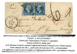 BELGIUM - French stamps used at MONS : 1860 FRANCE 20c (x2) with nice ...