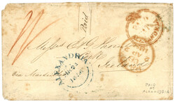 EGYPT : 1856 PAID AT ALEXANDRIA red + ALEXANDRIA blue on envelope to ...