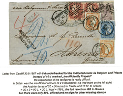 GREECE : 1867 GREAT BRITAIN 1d (x2) + 6d canc. 162 + CARDIFF + ...