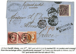 GREECE : 1867 GREAT BRITAIN 6d canc. 162 + CARDIFF + INSUFFICIENTLY ...