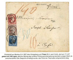 GREECE : 1867 Envelope from MOSCOU via TRIEST to CORFU taxed with ...