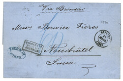 GREECE to SWITZERLAND : 1870 KERKYRA + 60 Tax marking + VIABRINDISI + ...