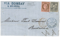 CALCUTTA via French P.O. CHANDERNAGORE : 1880 10c CERES + 15c SAGE ...