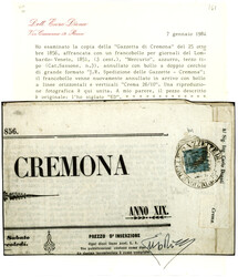 LOMBARDY VENETIA : 1858 NEWSPAPER 3c (sass. no3) canc. large cachet J ...