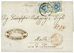 LOMBARDY VENETIA to MALTA : 1856 45c (x2) canc. VENEZIA + P.P. red on ...