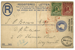 NIGER COAST : 1896 P./Stat. 2d + 1/2d + 2d canc. WARRI in red ...