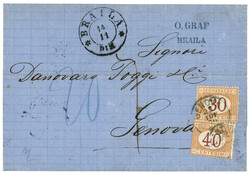 ROMANIA : 1870 BRAILA + 7 Tax marking on cover from BRAILA to ITALY, ...