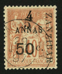 ZANZIBAR : 5 et 50 c s. 4a (no36) oblitéré. Cote 1450€. TTB