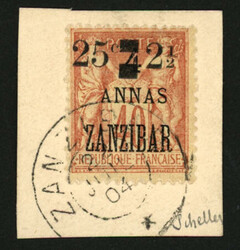 ZANZIBAR : 25c et 1 1/2 sur 4a s. 40c (no58) obl. sur fragment. Cote ...